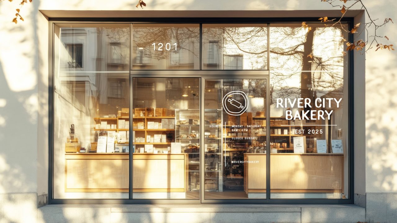 Street view of River City Bakery storefront with large glass windows, wooden accents, visible baked goods display, and signage showing EST 2025 and the address number 1201.