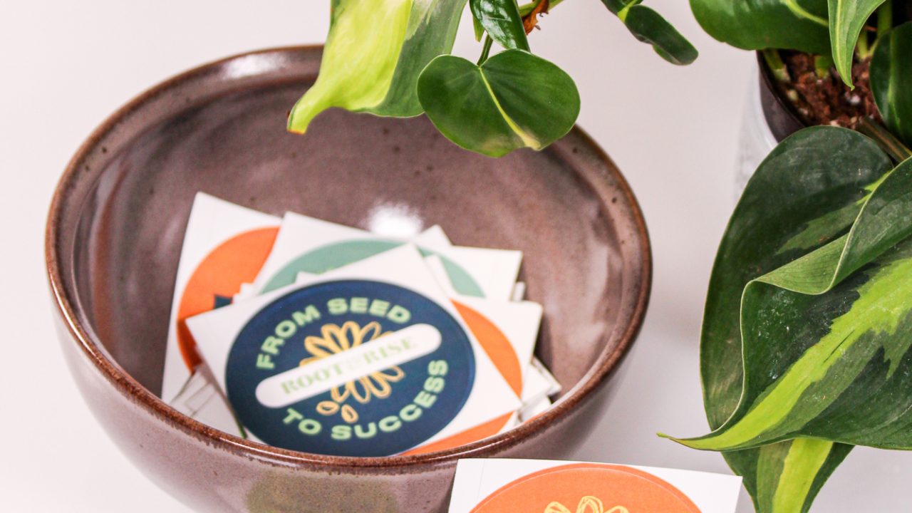 A ceramic bowl with colorful square cards, some with text and designs, sits next to a green potted plant on a white surface.