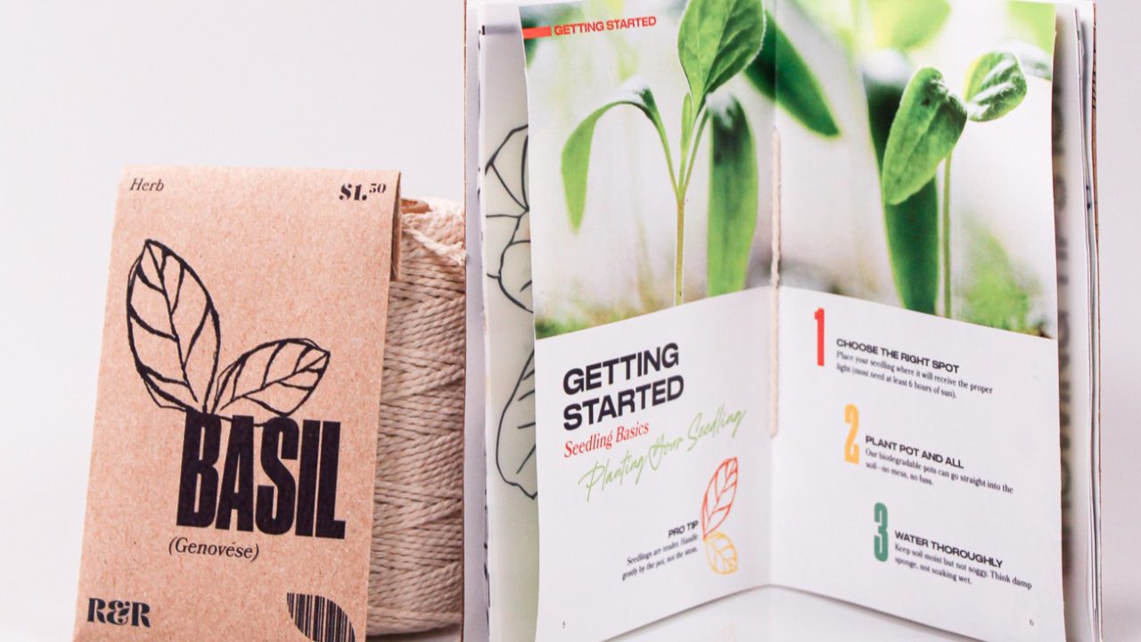 A basil seed packet, a spool of twine, and an open instruction booklet with seedling illustrations are displayed on a white surface.