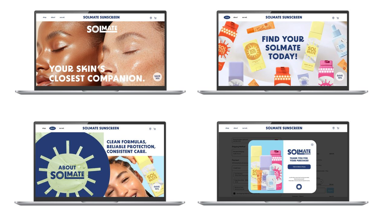 Four laptop screens display different pages of a sunscreen brand’s website, featuring product images, promotional text, colorful designs, and diverse models.