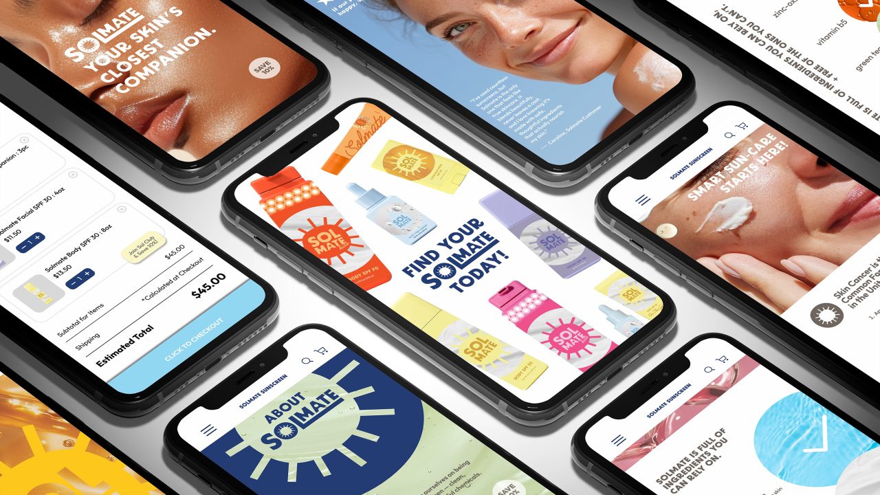 Several smartphones display various colorful screens from a skincare and sunscreen brand website, featuring products, prices, and images of people applying sunscreen.