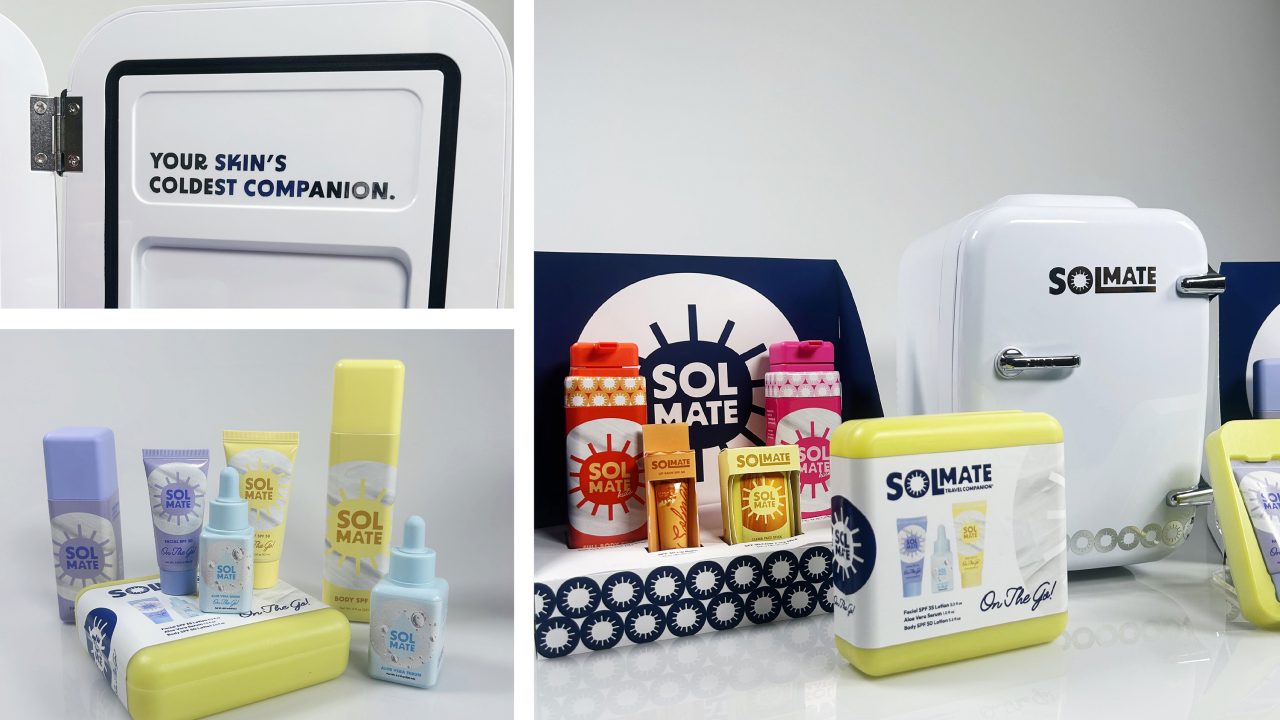 A small white fridge labeled SOL Mate is shown with skincare products and colorful packaging displayed around it, including creams, serums, and branded boxes.