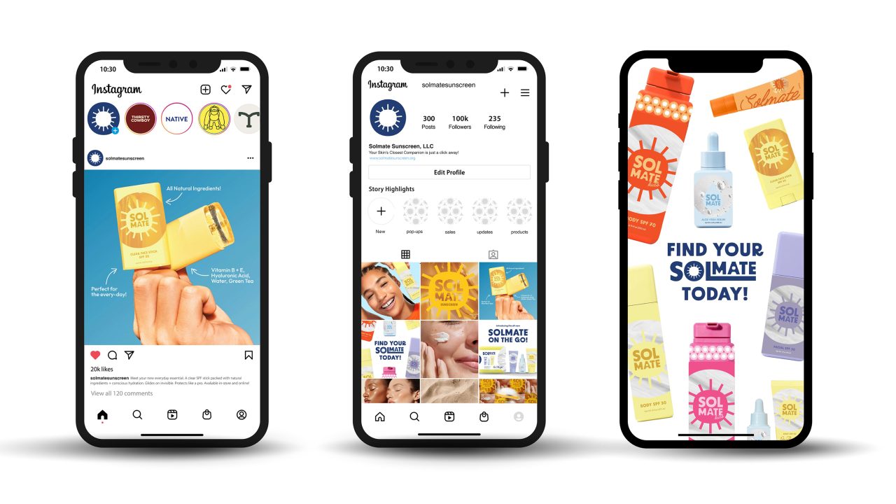 Three smartphones display the Instagram feed, profile, and story of SolMate Sunscreen, featuring sunscreen products and branding in bright yellow, orange, and blue colors.