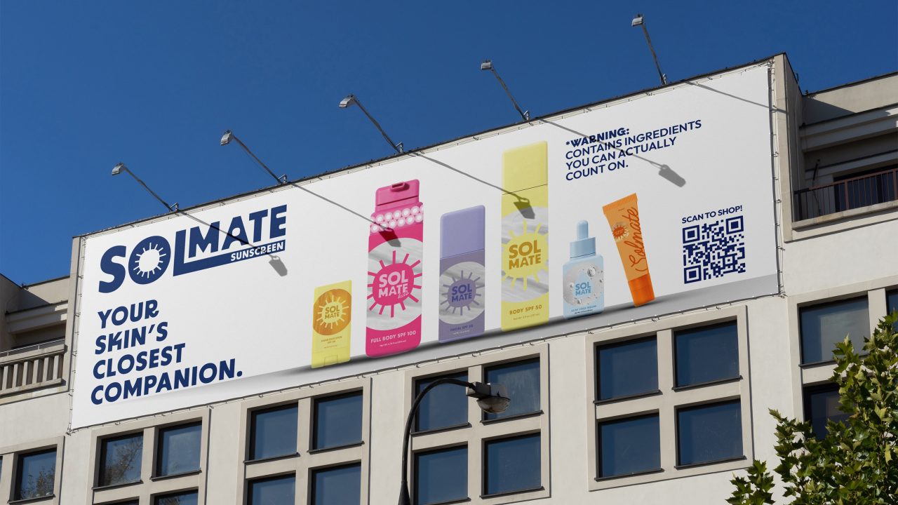 Billboard displays Solmate sunscreen products with the tagline Your skins closest companion and a QR code for shopping. Text highlights dependable ingredients.