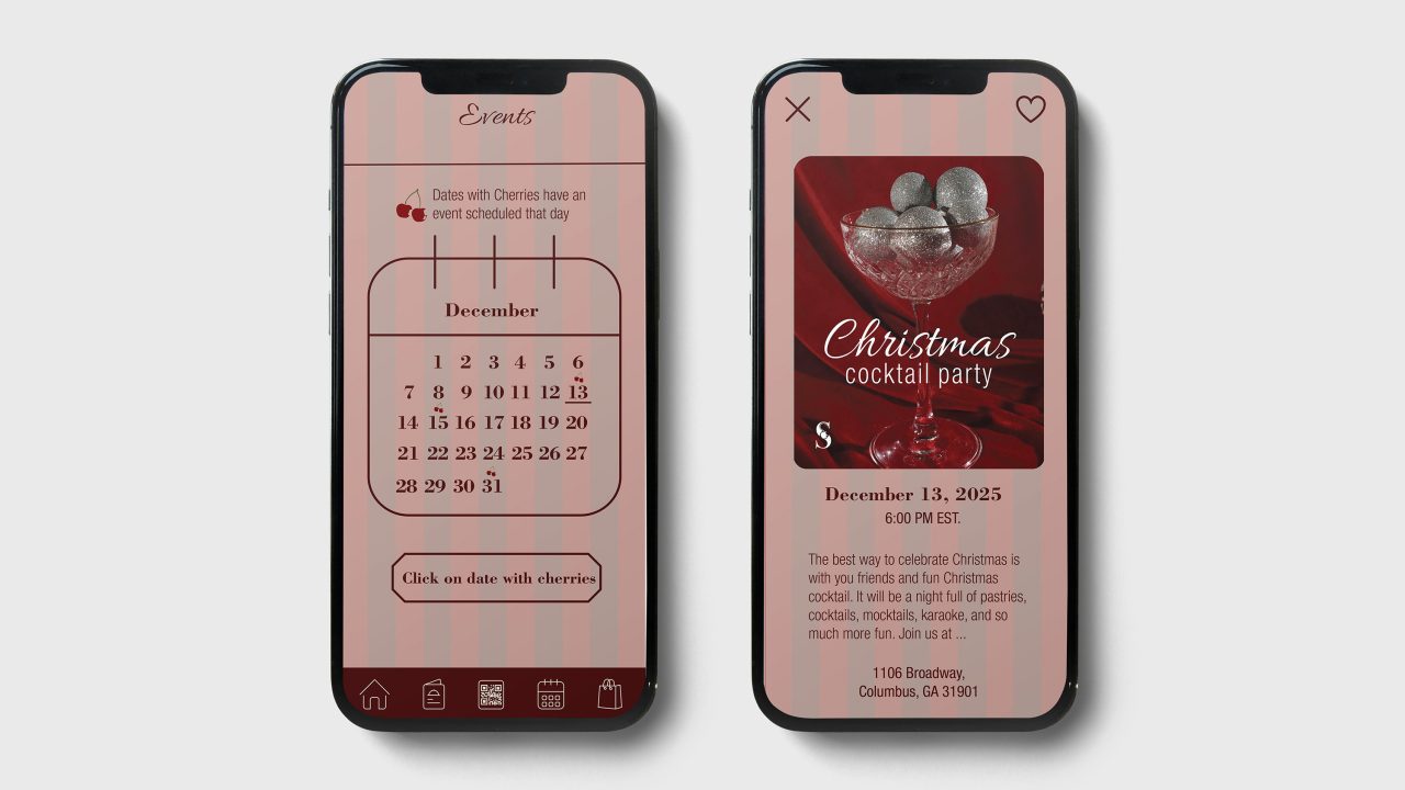 Two smartphones display a Christmas cocktail party event with a calendar on one screen and party details with a cocktail glass on the other, both featuring a pink and red striped background.