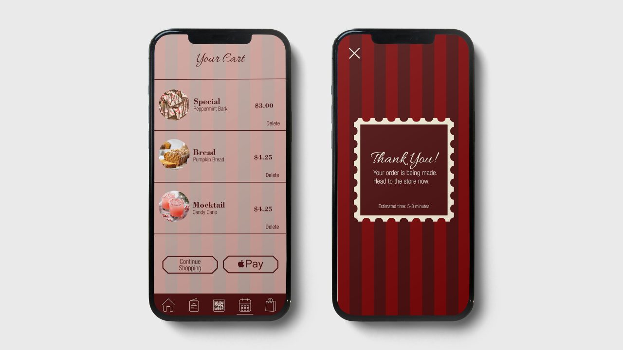 Two smartphones display a shopping cart with food items and a payment option on the left, and a thank you order confirmation screen on the right.