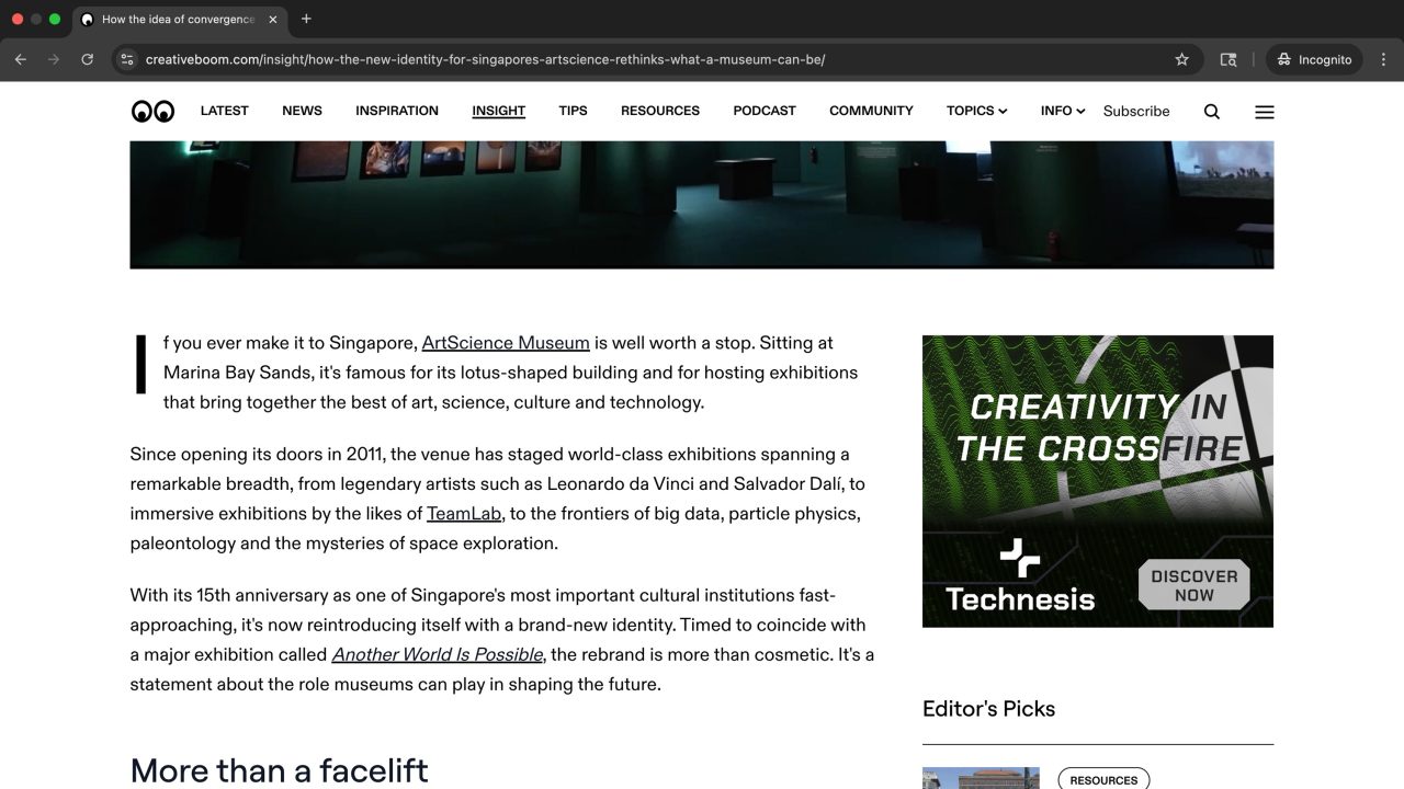 Screenshot of an article about the ArtScience Museum in Singapore, with text and an image of a dark gallery space featuring illuminated art displays on the wall.