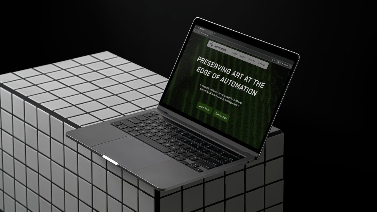 A laptop displaying a website with the headline Preserving Art at the Edge of Automation sits on a white cubic pedestal with a black grid pattern against a dark background.