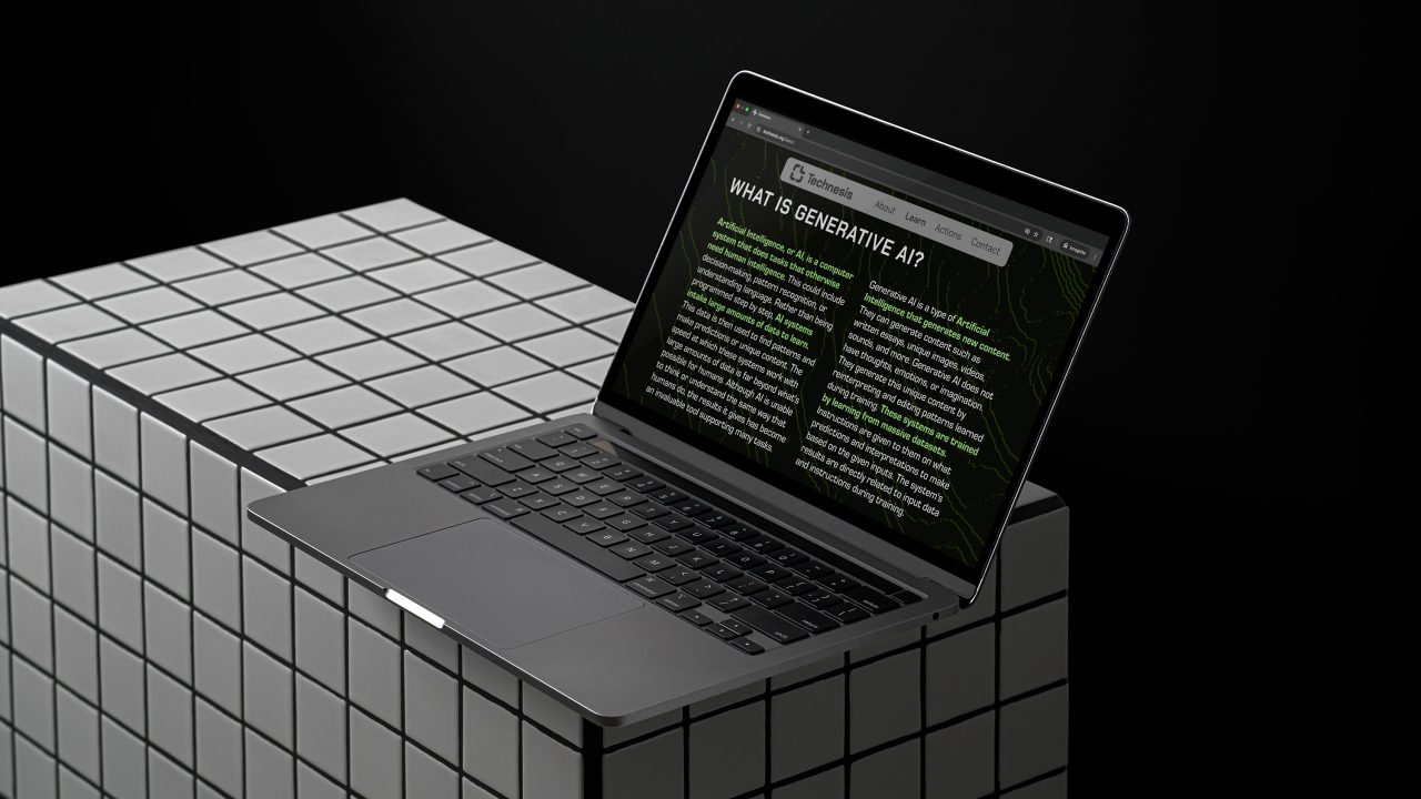 A laptop displaying a webpage titled What Is Generative AI? rests on a large, gray, tiled cube against a dark background.