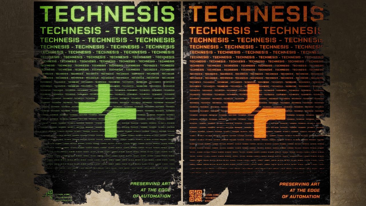 Two posters side by side read TECHNESIS repeatedly, one in green and one in orange, with abstract geometric shapes and the phrase Preserving Art at the Edge of Automation at the bottom.