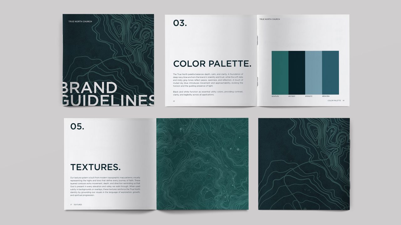 A brand guidelines booklet is open to pages showing title text, a color palette with bar chart, texture samples, and topographical line designs on a dark background.