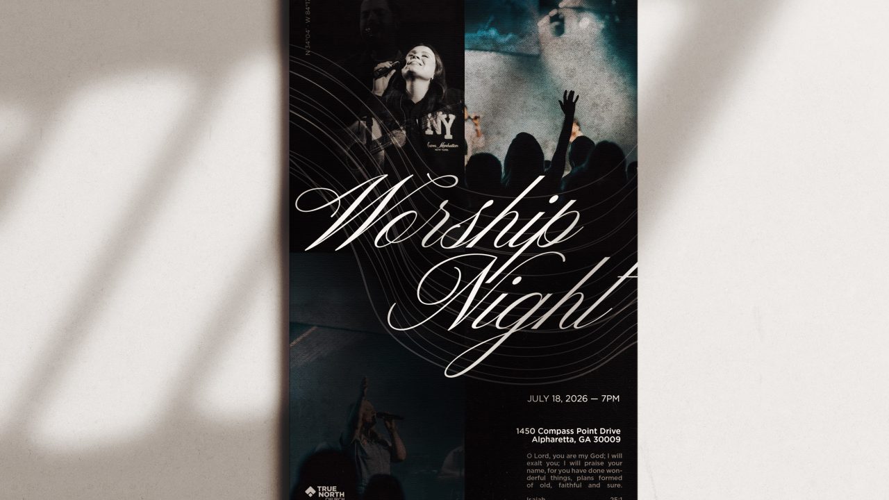 A poster for a Worship Night event featuring images of people singing and playing instruments, with event details and location information at the bottom.