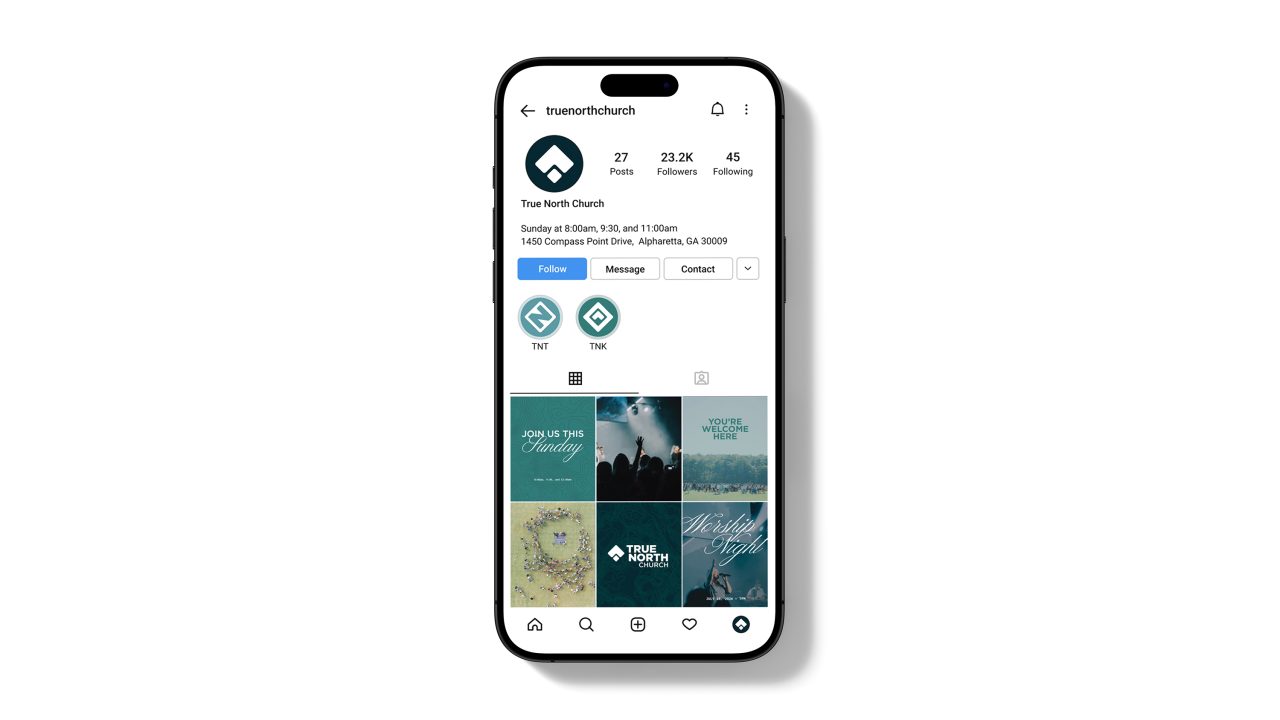 A smartphone displays the Instagram profile of True North Church, showing the profile info, blue logo, and a grid of six recent posts with religious-themed graphics.