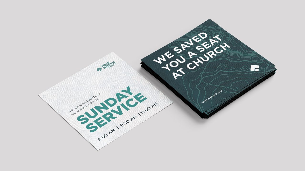 Two square church invitation cards: one reads Sunday Service with times listed, the other says We saved you a seat at church on a green patterned background.