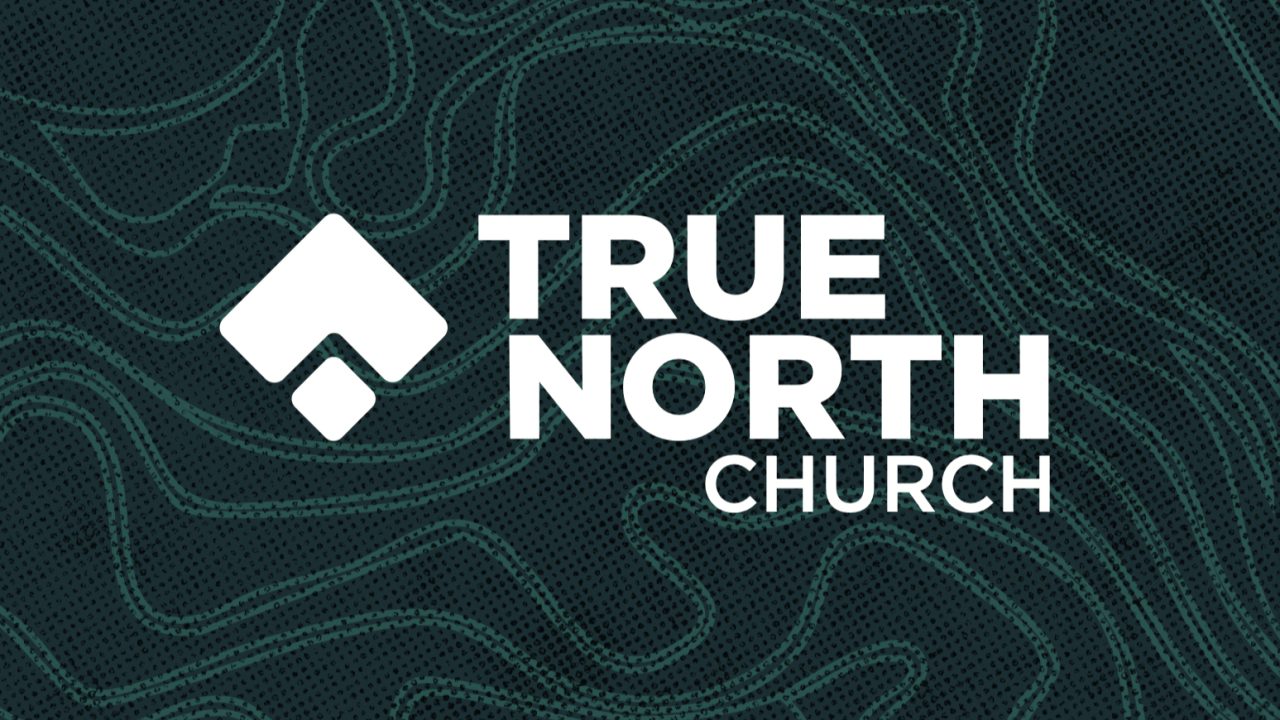 True North Church logo with white geometric icon and text on a dark background featuring topographic map lines.