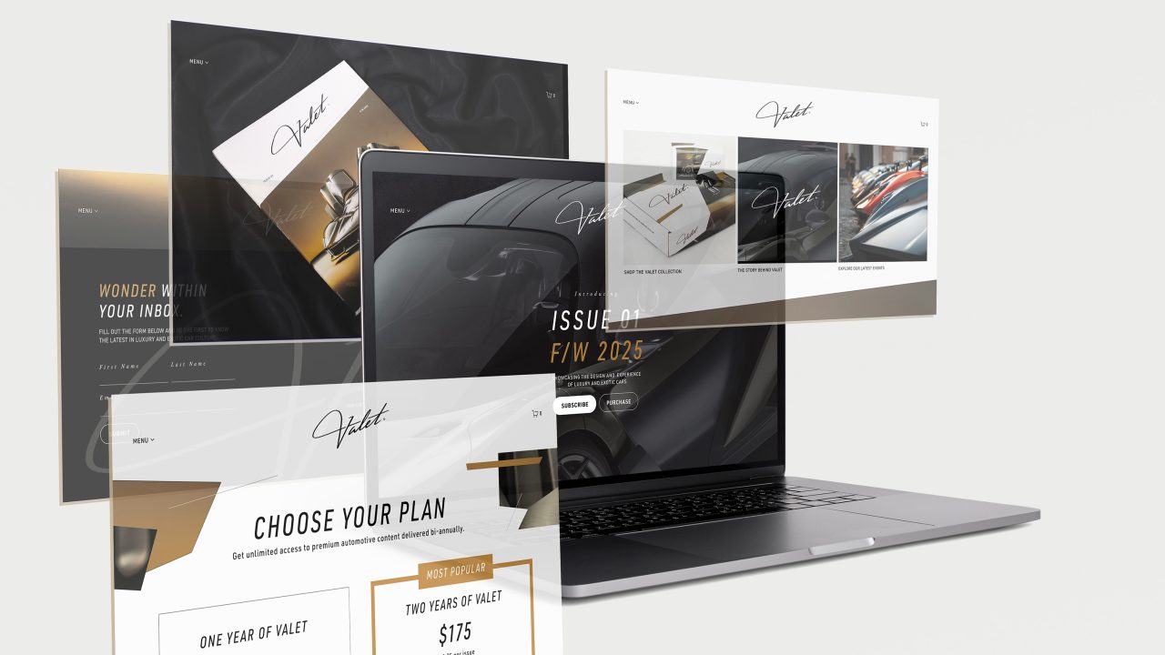 A laptop displays a luxury valet service website with multiple overlapping website screens showing car images, service plans, and subscription options.
