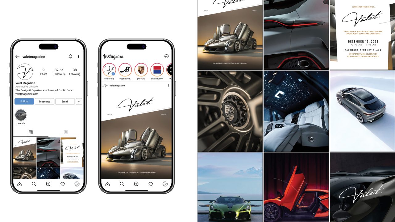 A grid of images featuring a luxury sports car, Instagram app mockups, a close-up of a wheel, car interior details, and an event invitation for Valet Magazine.