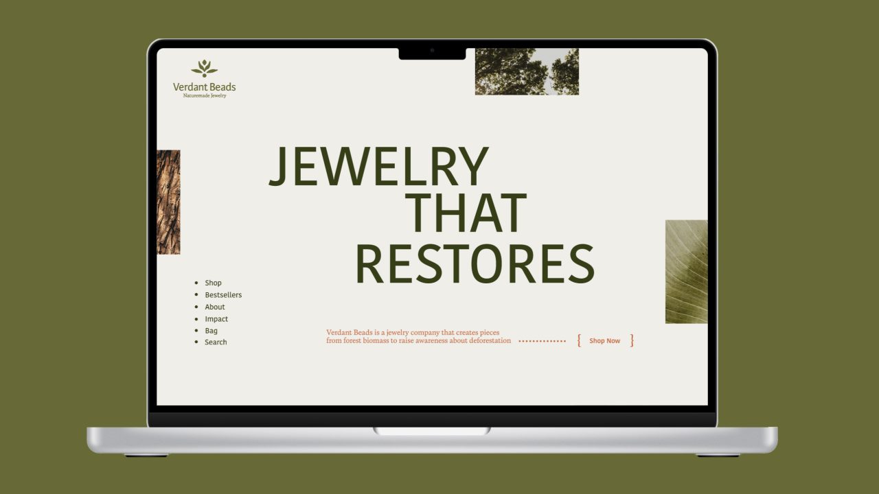A laptop displays a website with the text Jewelry That Restores and a menu on the left. The background is olive green with nature-themed images.