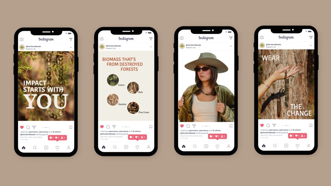 Four smartphones display Instagram posts about environmental awareness, featuring messages on personal impact, forest biomass, eco-friendly fashion, and the phrase Wear the change.