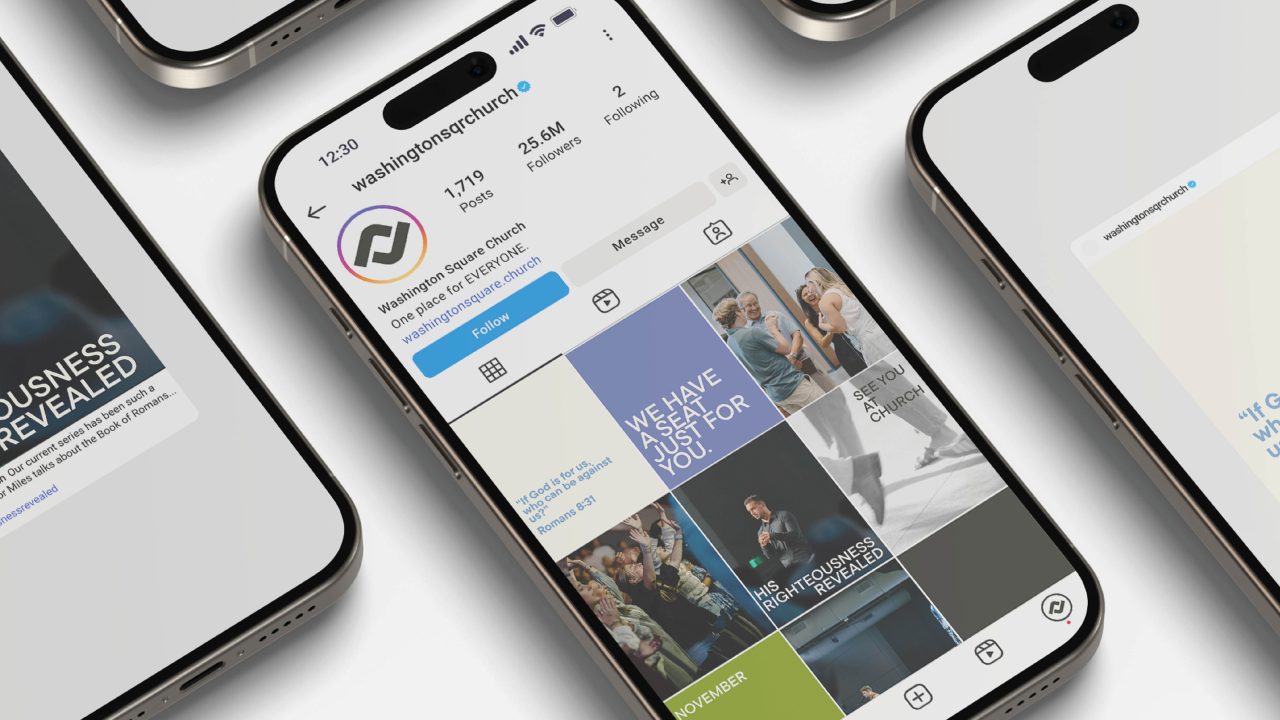 A smartphone displaying the Instagram profile page of Washington Street Church, featuring its logo, follower count, and a grid of recent posts.