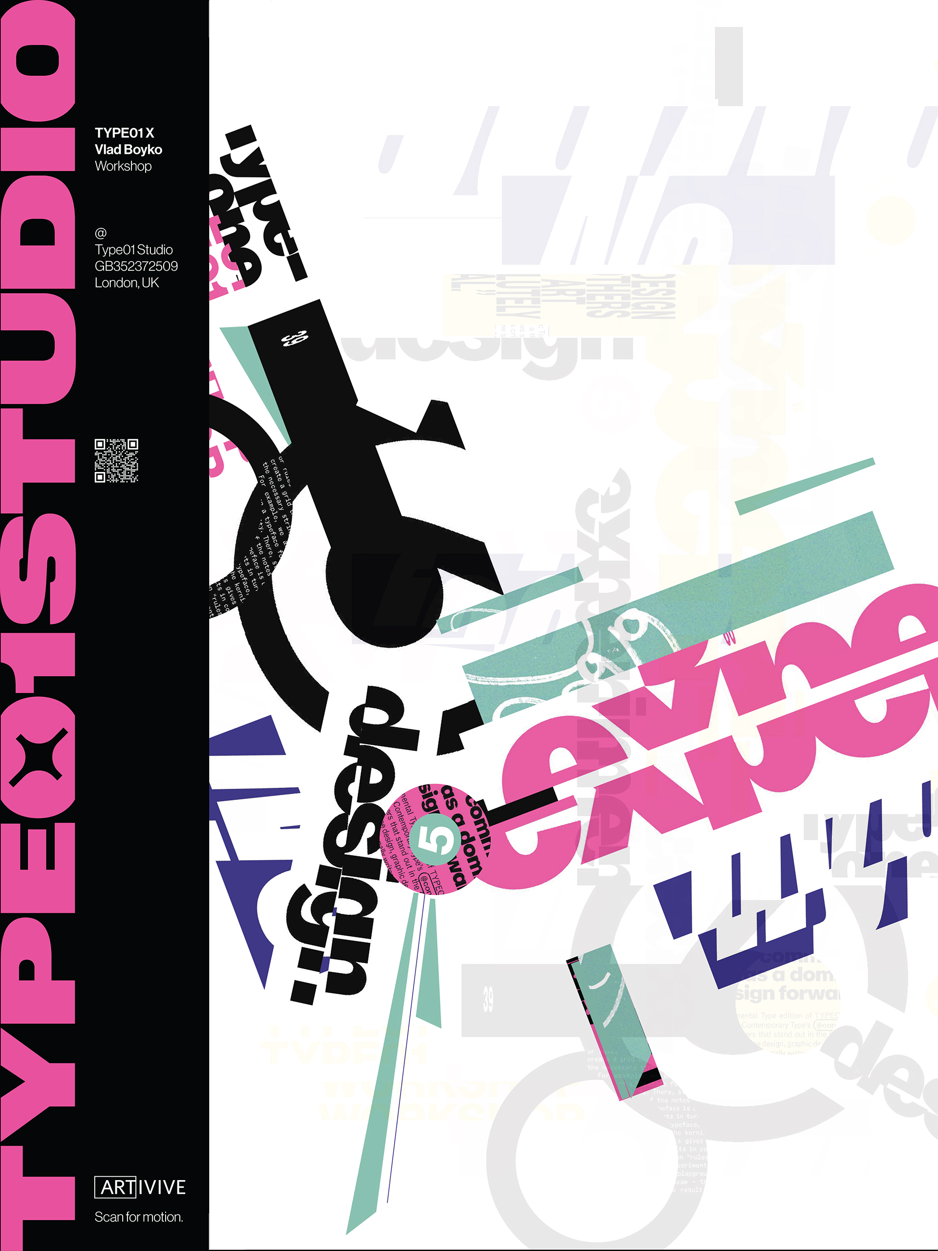 Poster for a typography workshop features bold, overlapping text and geometric shapes in black, pink, green, and white, with event details listed on the left side.