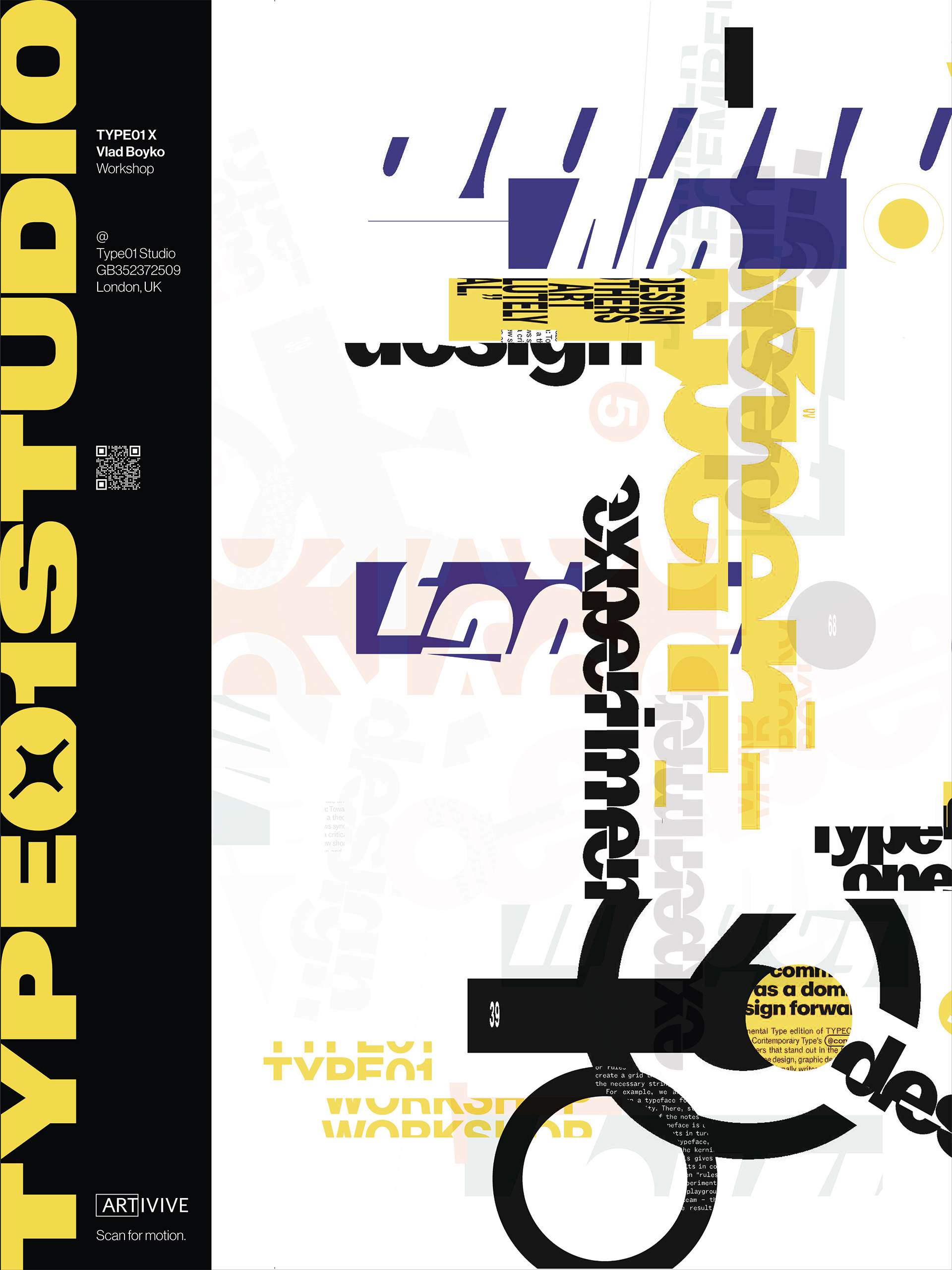 Poster with overlapping, rotated, and fragmented text in black, yellow, blue, and gray, reading TYPE01 STUDIO and other words, on a white background with abstract graphic elements.