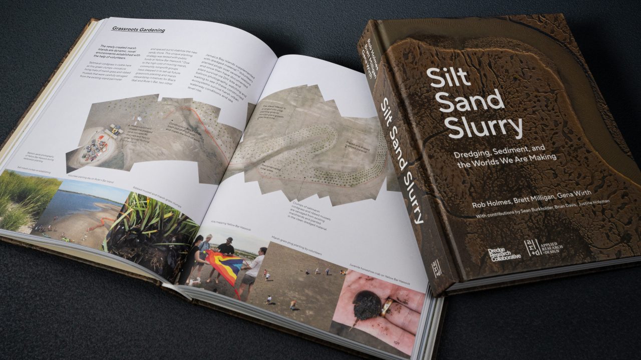 Two copies of the book Silt Sand Slurry are shown; one is closed, displaying the cover, and the other is open, revealing illustrated pages about sediment and environmental topics.