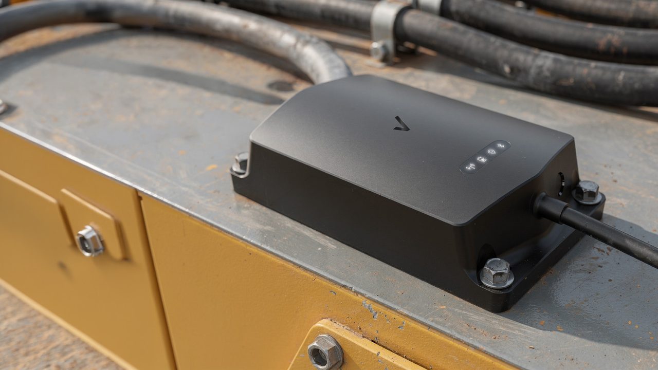 A black electronic device with indicator lights and cables is mounted on a yellow metal surface with visible bolts and dust.
