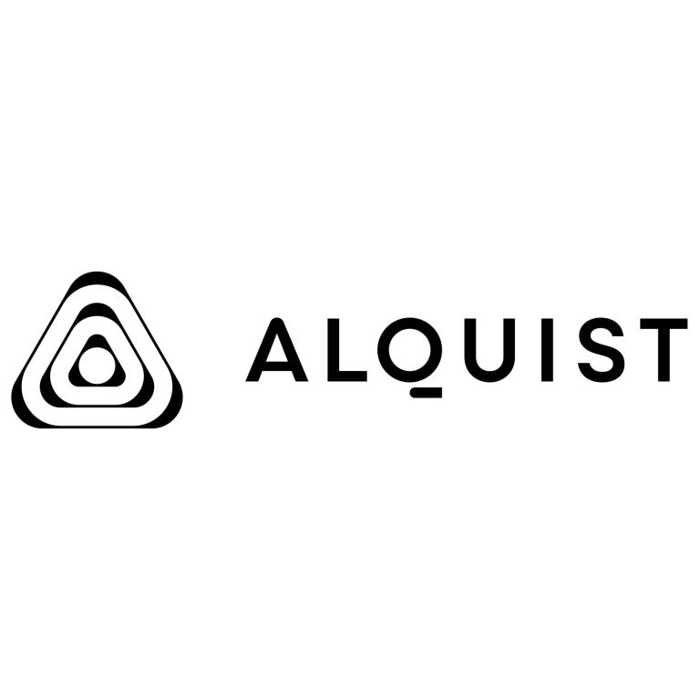 Black and white logo with three nested triangles and a small circle on the left, next to the word ALQUIST in capital letters with a unique underline on the letter Q.