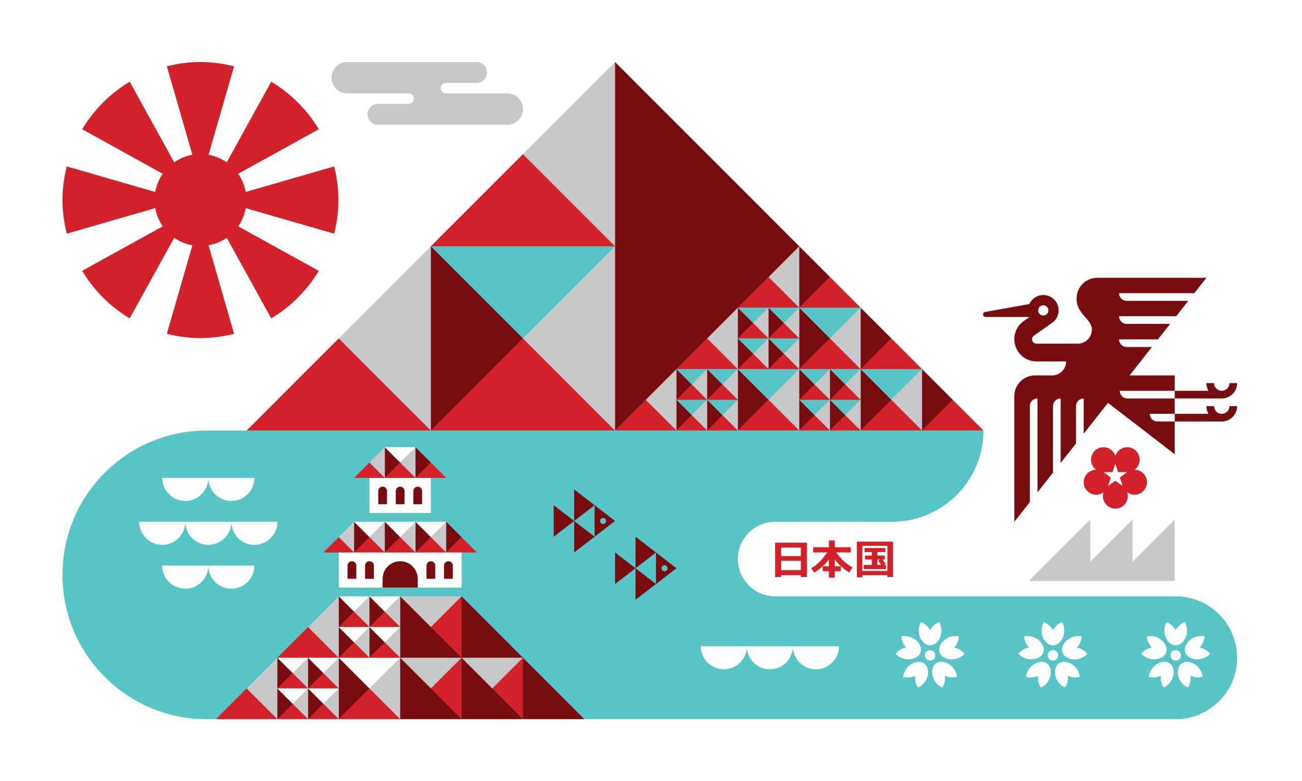 Geometric illustration of a mountain, water, fish, a crane, a Japanese castle, and a sun, using red, turquoise, and gray shapes. The word Japan written in Japanese near the center.