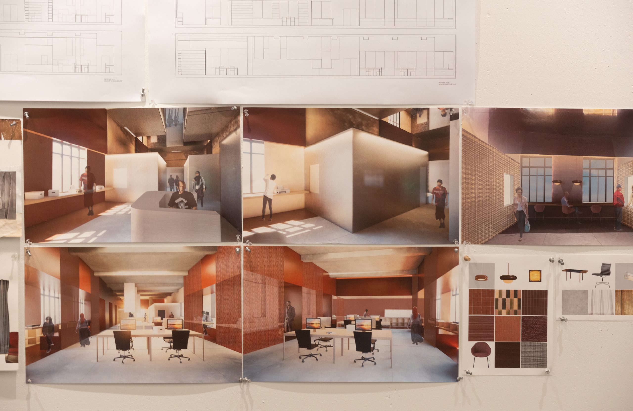 A display of architectural renderings and floor plans for an office interior, featuring different layouts, furniture, color swatches, and office design elements pinned to a wall.