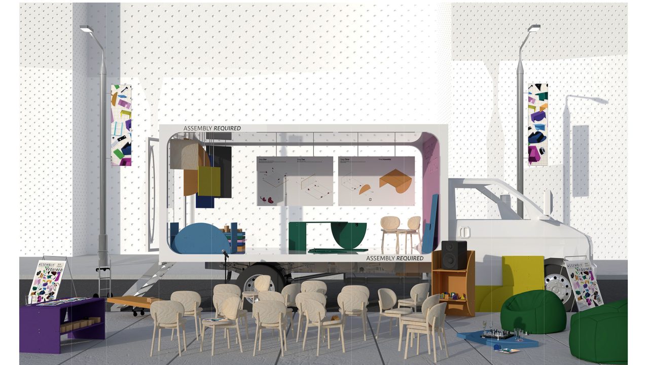 A white truck with a cutaway display shows furniture pieces inside. Wooden chairs, tables, beanbags, and art materials are set up on the pavement in front of the truck.