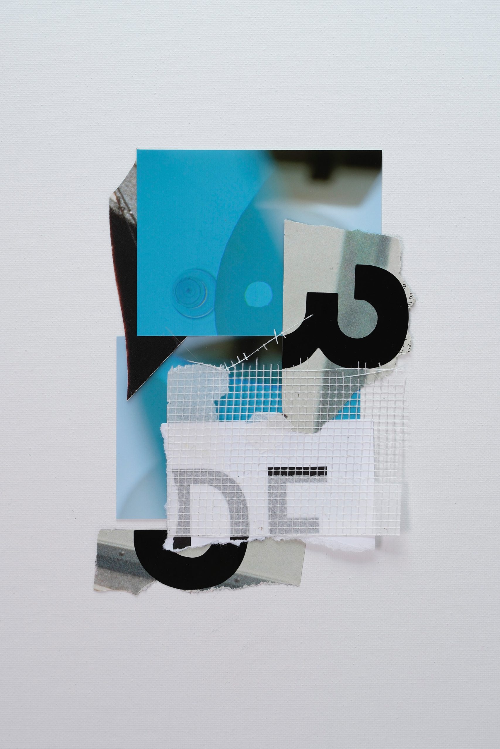 A collage featuring torn paper, blue and white elements, mesh fabric, and bold black letters and numbers, arranged on a white background.