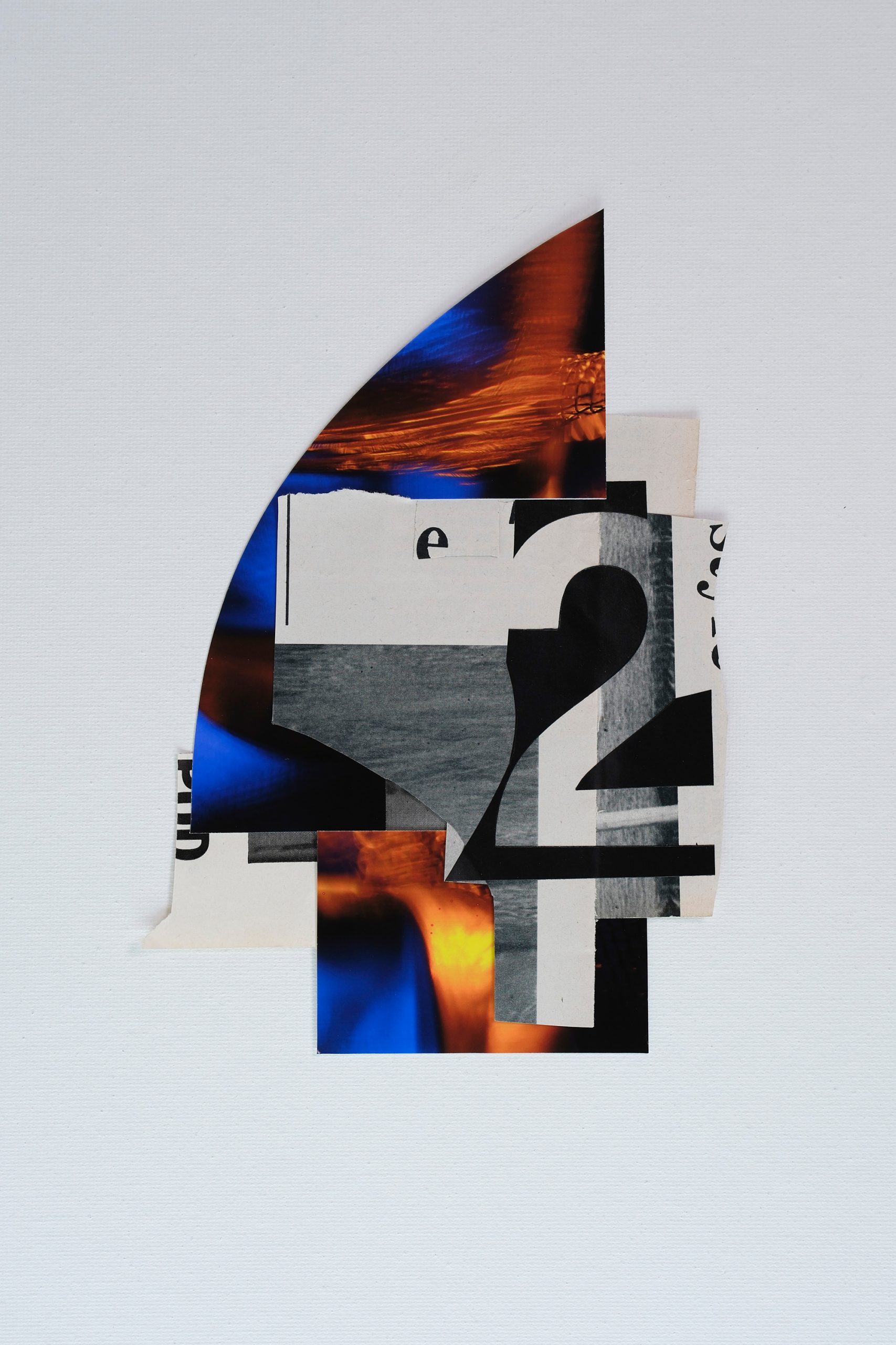 Abstract collage with layered cutouts featuring black and white text, numbers, and shapes over a background of blue and orange hues on a white surface.