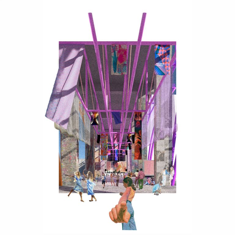 Digital collage of people walking under a high, purple-framed structure with colorful fabric panels and geometric designs hanging above.