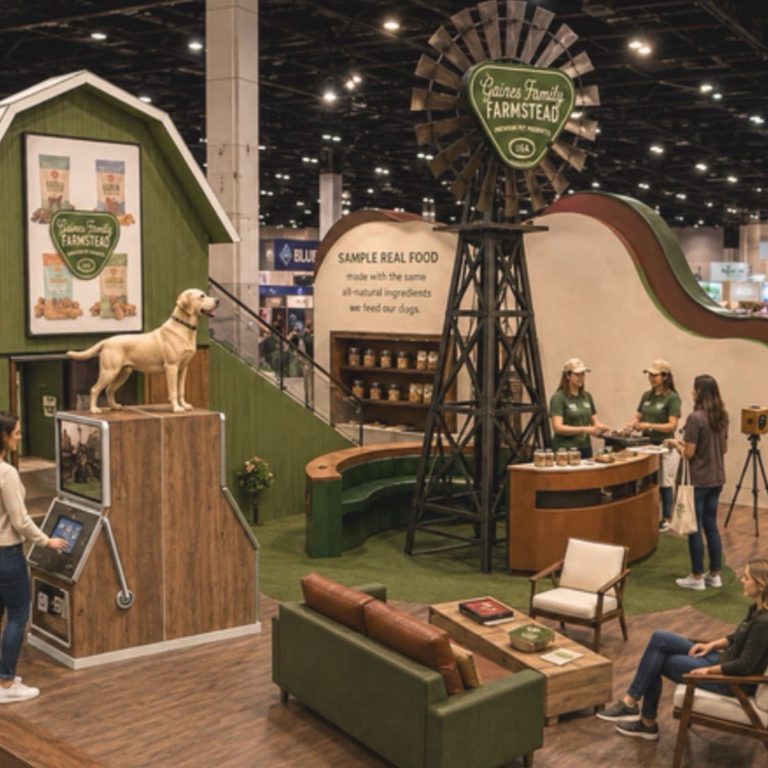 Trade show booth with farm-themed decor, including a barn facade, windmill, dog statue, and staff interacting with visitors among pet food displays.