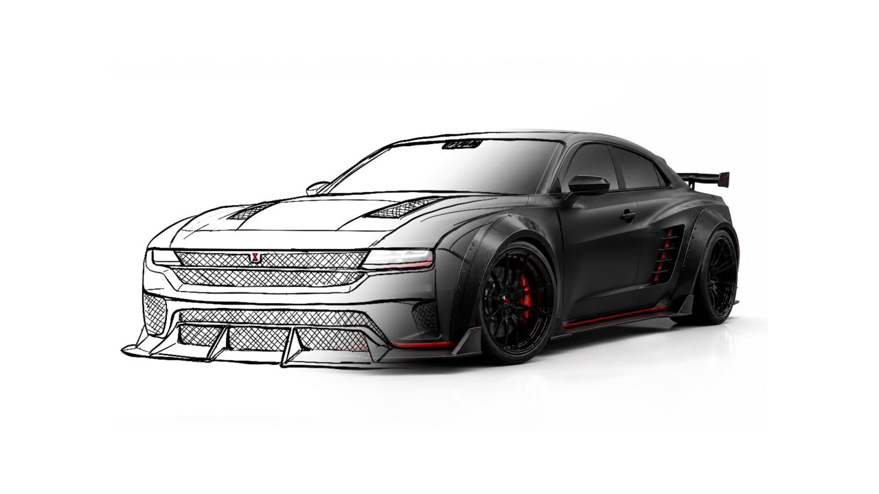 A black sports car with red accents is shown, half rendered as a realistic image and half as a line drawing, viewed from the front left angle.