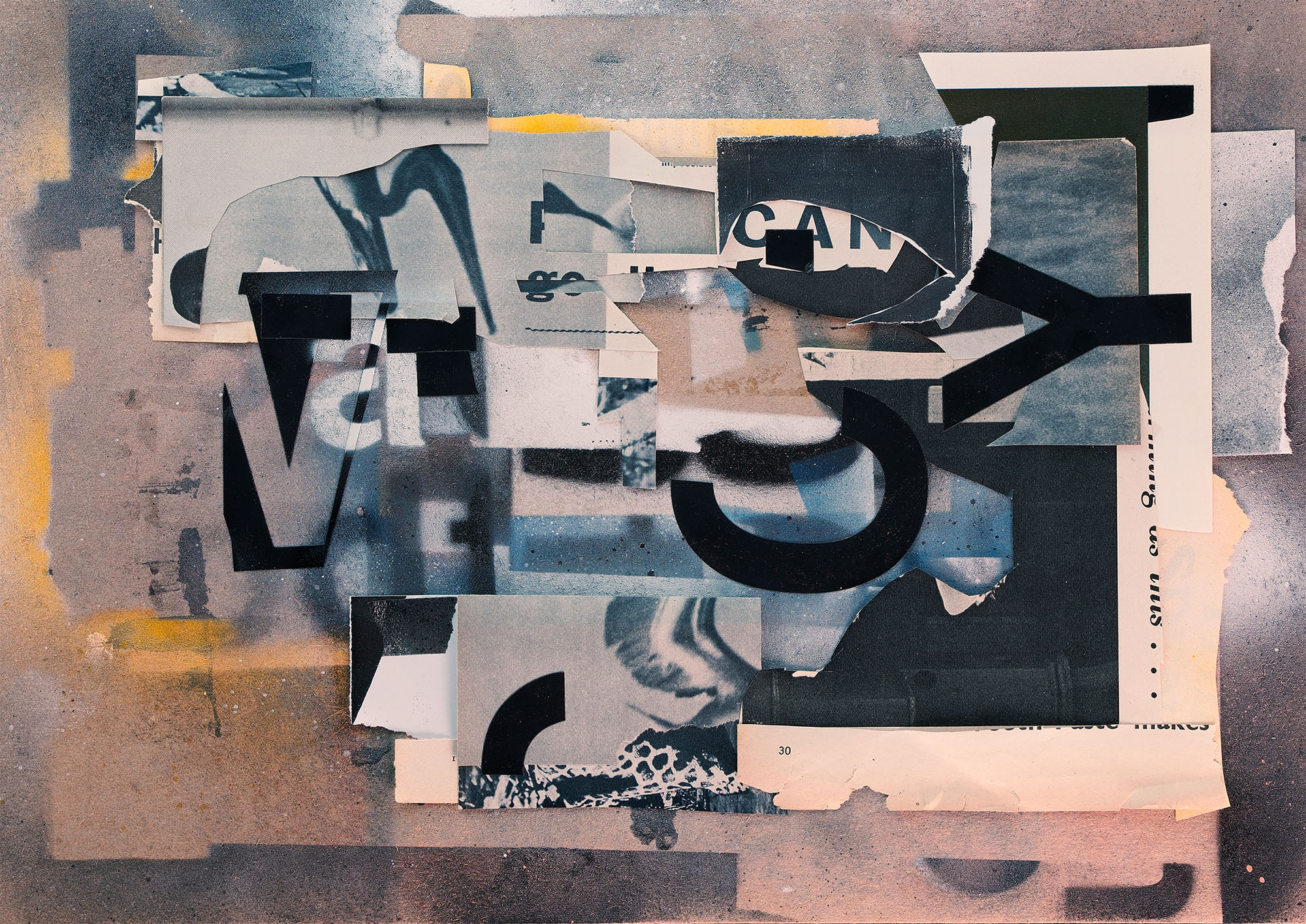 Abstract collage of layered torn papers, printed text fragments, and black shapes on a textured, splattered background in gray, beige, and yellow tones.