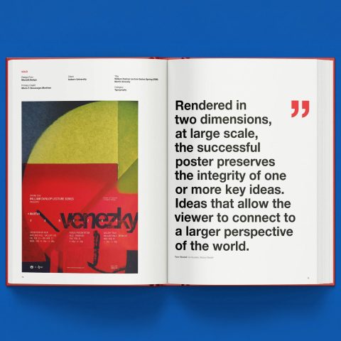 Open book on blue surface. Left page shows a colorful abstract poster with venezky in bold text. Right page features a large quote about poster design and visual perspective.
