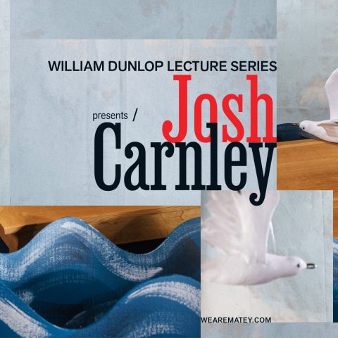 A smiling man in a red beanie is the focus, with seagulls, waves, and text promoting the William Dunlop Lecture Series featuring Josh Carnley in the background.