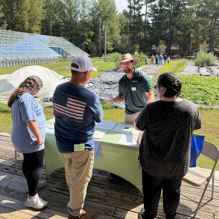 Four people stand around a table with brochures outdoors, near greenhouses and crop rows, having a discussion under sunny weather.