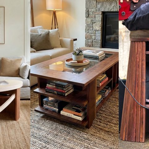Three different wooden coffee tables in living room settings, each with unique designs: one circular, one rectangular with shelves, and one tall with a persons legs resting on it.