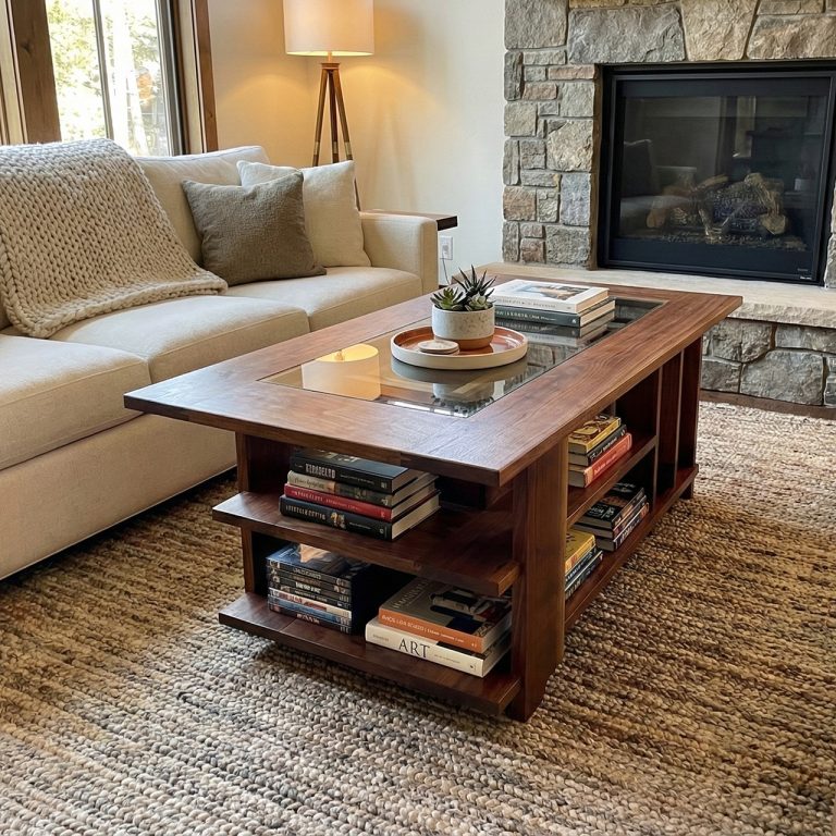 A wooden coffee table with books and decor sits on a woven rug in a living room with a beige sofa, stone fireplace, and lamp.