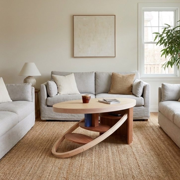 Living room with two gray sofas, a modern wooden coffee table, beige rug, potted plant, neutral pillows, wall art, and natural light coming through windows.