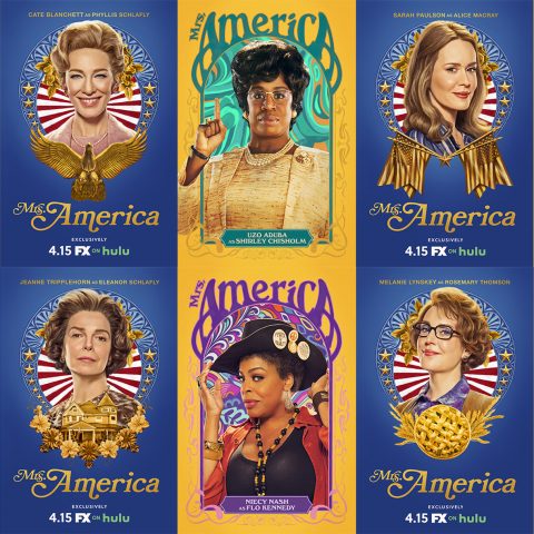 Ten character posters for the television show Mrs. America, featuring portraits of the cast including Rose Byrne, Cate Blanchett, Uzo Aduba, and others, with stylized borders and the show title.