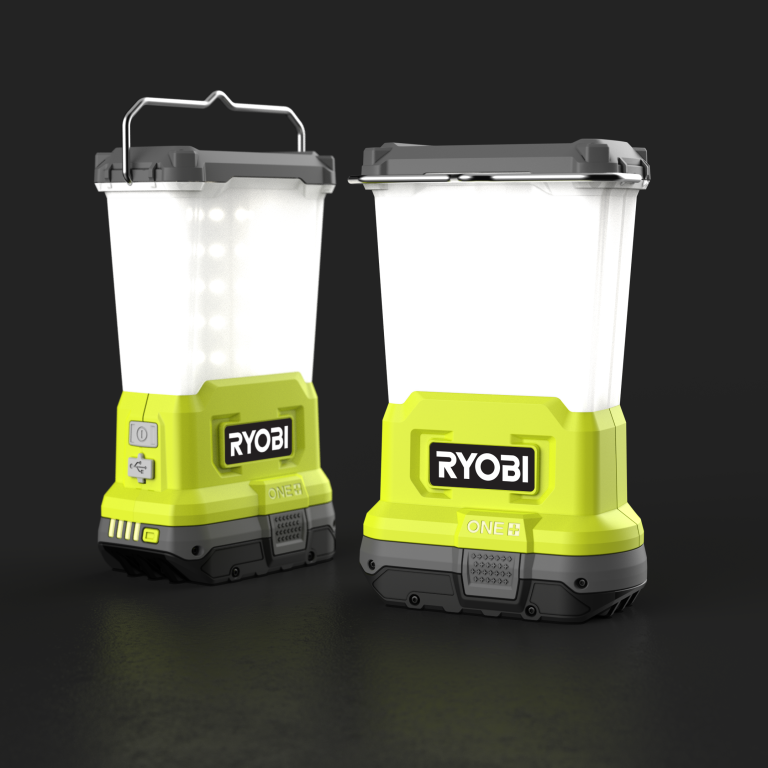 Two Ryobi One+ LED lanterns, one featuring a carrying handle, shown against a dark background.