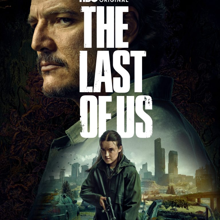 Poster for the HBO series The Last of Us, featuring Joel and Ellie in front of a ruined city skyline.